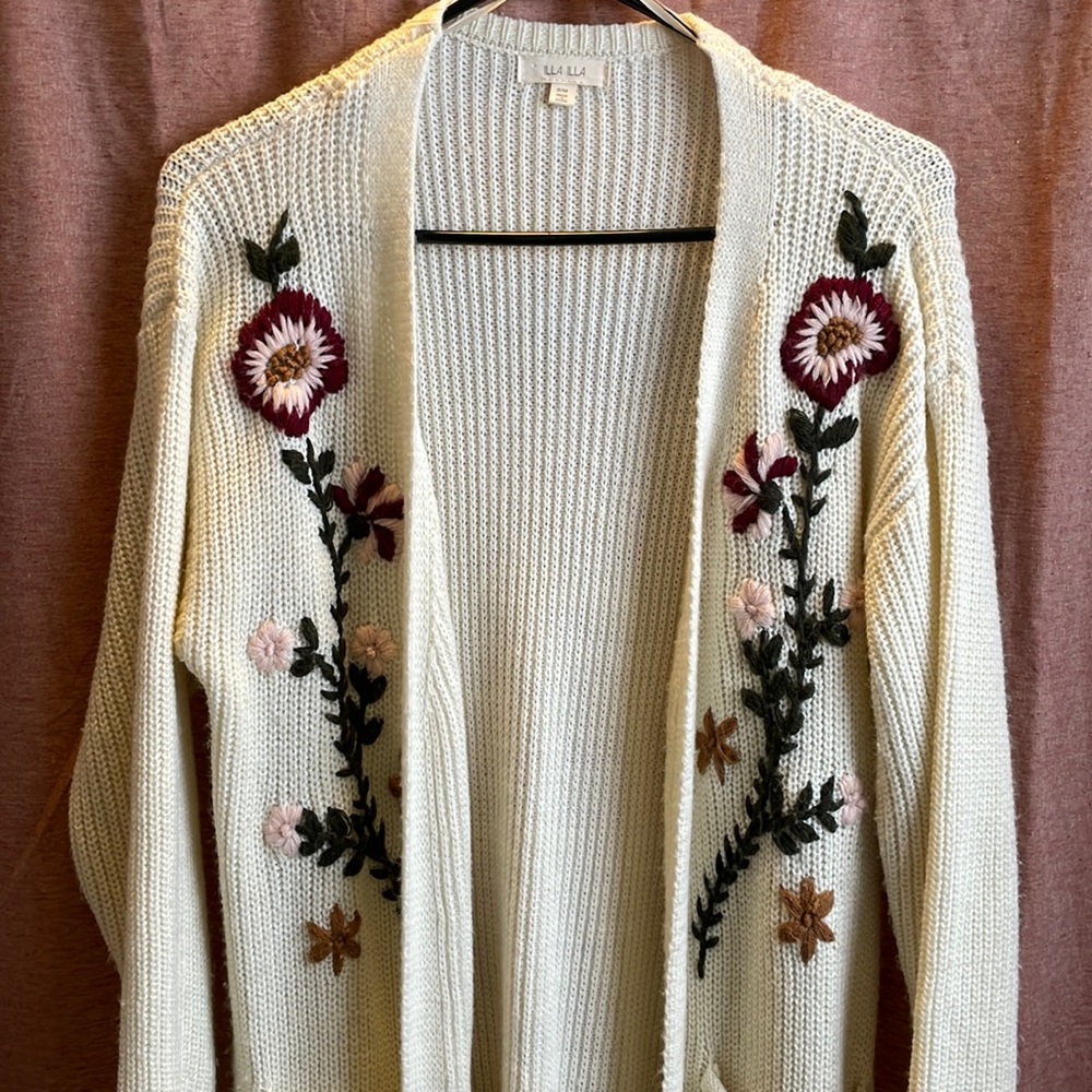 Long Knit Cardigan with Floral Detail